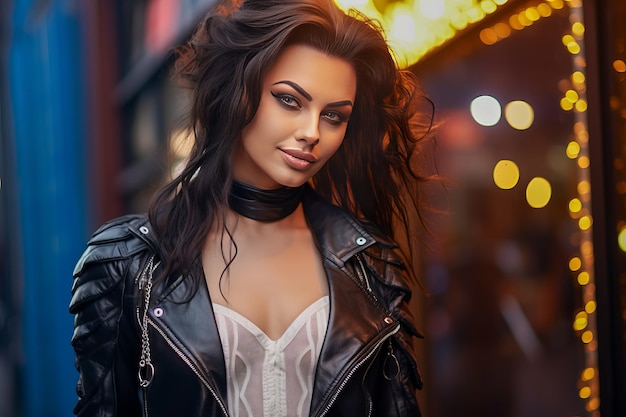 Stunning gothic metalhead fashion woman donned in a leather jacket with lush hair