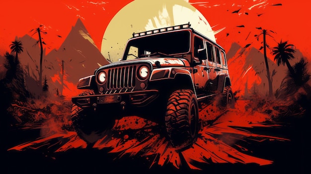 Stunning Graphic Design Of Off Road Jeep In Apocalyptic Art Style