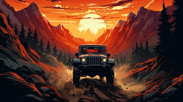 Stunning Graphic Design Of Off Road Jeep Driving Through Mountains At Sunset