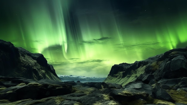 Stunning Green Aurora Lights over Rocky Landscape