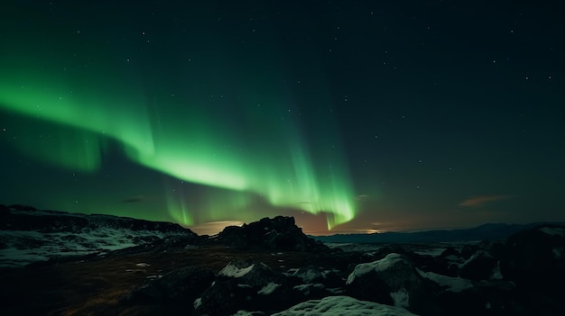 Stunning Green Aurora Lights over Rocky Landscape