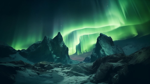 Stunning Green Aurora Lights over Rocky Landscape