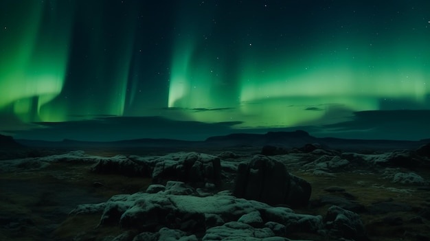 Stunning Green Aurora Lights over Rocky Landscape