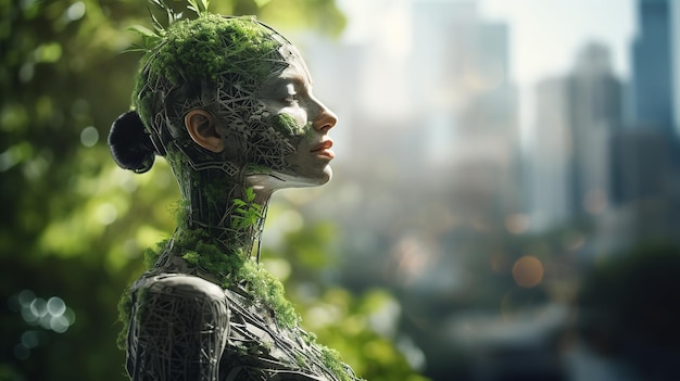 A stunning green robot or cyborg that combines technology nature and leaves Generative AI