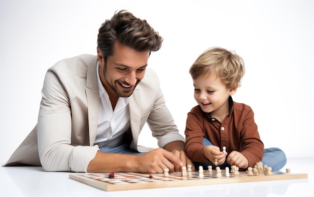 Foto un bellissimo maschio sta giocando a ludo con suo figlio isolato su uno sfondo bianco