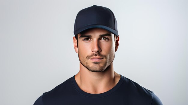 Photo stunning handsome man wearing a navy blue baseball cap in front view isolated in white background