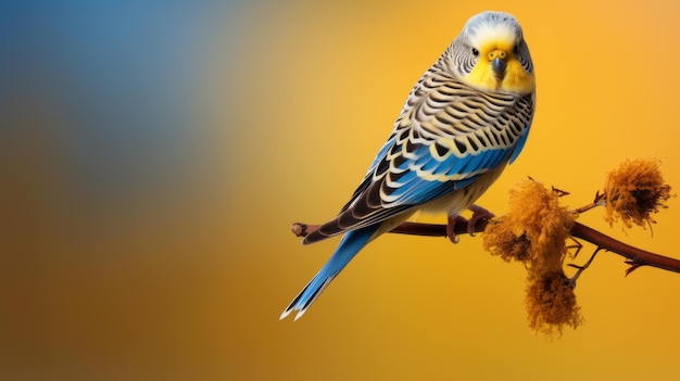 Photo stunning hd photograph of budgerigar on brown stem with bright background