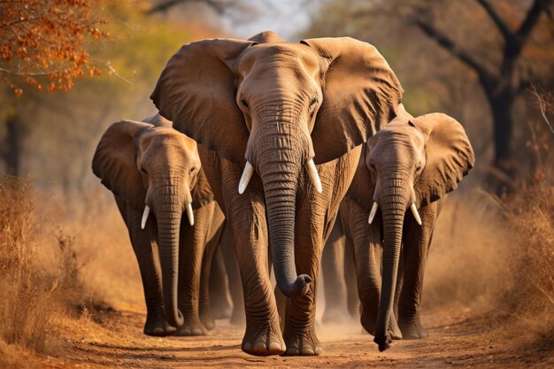 광활한 아프리카 사바나에서 먹이를 먹는 놀라운 코끼리 무리 야생 사파리 모험