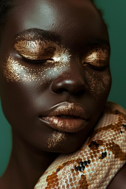 Stunning high fashion beauty portrait model showcase creative innovative glitter makeup with snake