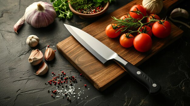 Photo a stunning highend chefs knife mockup displayed on a rustic cutting board highlighting its impeccable precision craftsmanship and sleek timeless design the handle is intentionally left