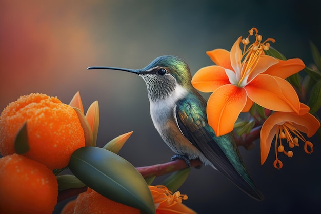 A stunning hummingbird perches on an orange bloom to eat