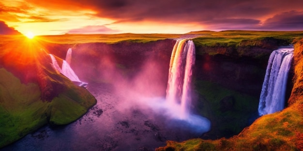 A stunning Icelandic waterfall cascading gracefully during a captivating sunset