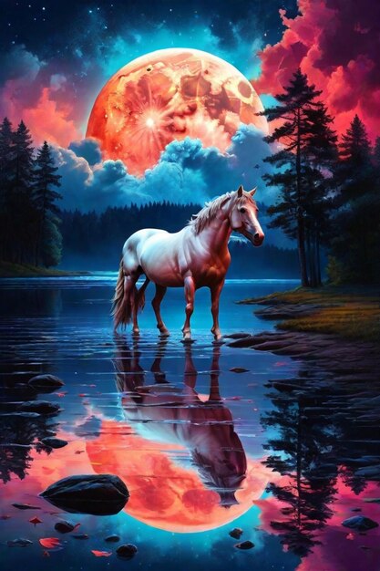 Stunning illustration of a horse near a night lake