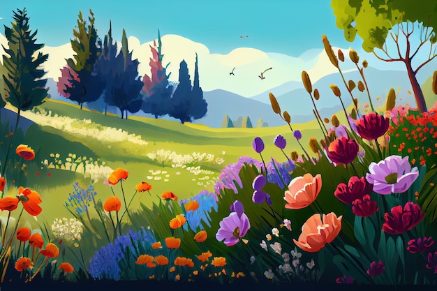Потрясающая иллюстрация весеннего цветочного луга с генеративным искусственным интеллектом
