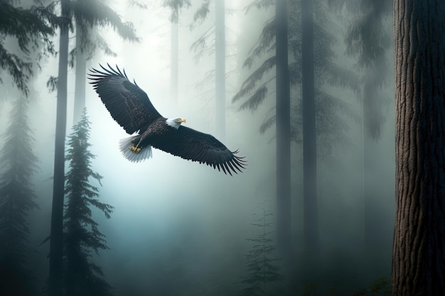 Stunning image of a bald eagle soaring over a woodland in the fog