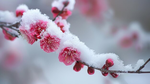 A stunning image capturing pink flowers under a delicate blanket of snow contrasted