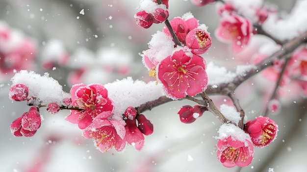 A stunning image capturing pink flowers under a delicate blanket of snow contrasted