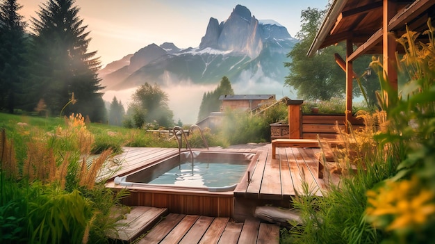 A stunning image of a chalet39s outdoor spa providing an idyllic setting for relaxation and indulgence amid aweinspiring mountain views