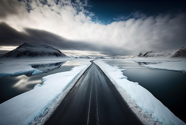 ノルウェーの極寒の冬の真っ只中にある凍結した道路の見事な画像