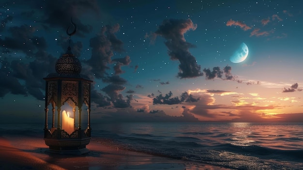 A stunning image of a lantern lamp on the beach with a crescent moon in the night sky with the