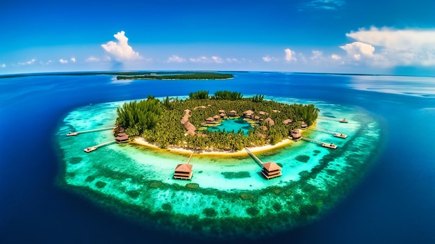 Потрясающий образ роскошного частного островного курорта с виллами над водой, нетронутыми пляжами и пышными пальмами, идеально сочетающими в себе роскошь и естественное спокойствие.