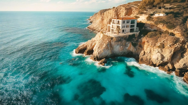 壮大な海の景色を望む崖の上に建つ豪華なサマー ヴィラ レンタルの見事なイメージ
