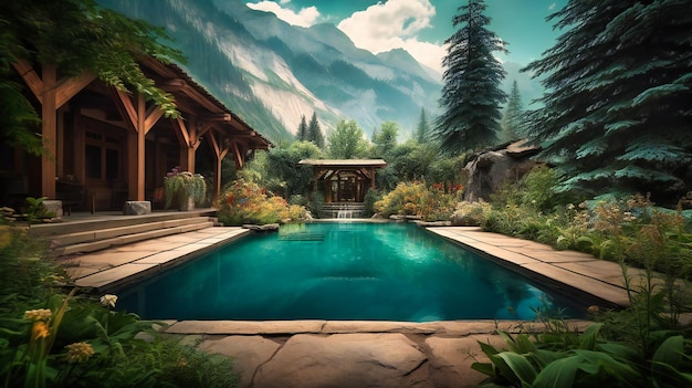 A stunning image of an opulent mountain spa sanctuary blending harmoniously with the surrounding nature for a restorative escape