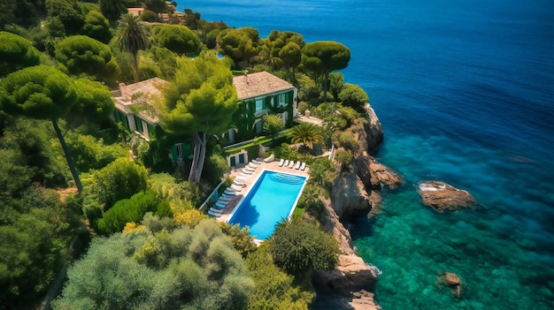 A stunning image of an opulent summer villa offering the ultimate getaway with a spectacular infinity pool and lush surroundings