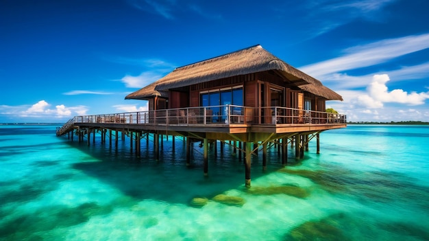 A stunning image of a sophisticated overwater bungalow providing the ultimate escape for a secluded and luxurious vacation