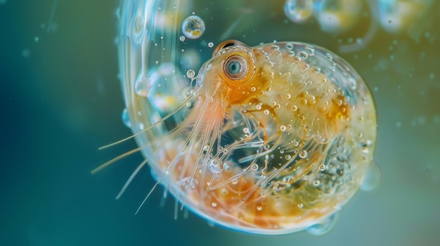 Foto un'immagine sorprendente di una piccola pulce d'acqua o daphnia catturata in una goccia d'acqua dello stagno che evidenzia il suo