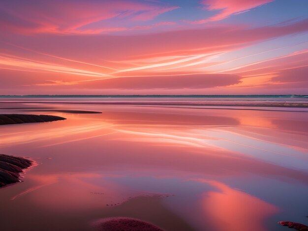 A stunning image of a vibrant sunset with clouds reflected on the wet sand