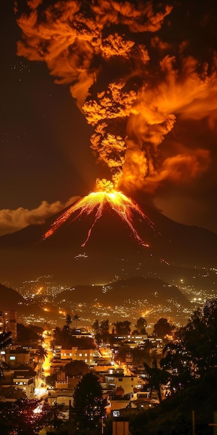 Photo stunning image of a volcano erupting at night