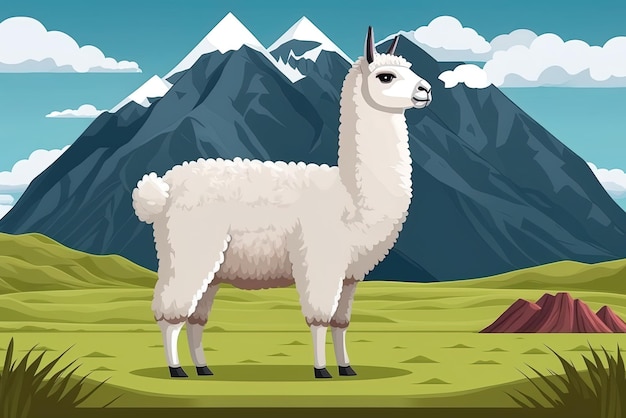 stunning image of a white llama grazing in a grassy area against a mountain backdrop