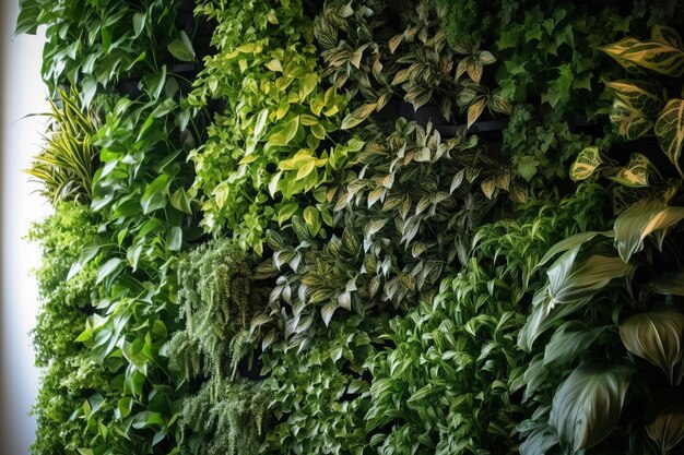 멋진 실내 수직 정원과 활기찬 녹색 식물이 현대적인 생태에서 높은 벽을 장식합니다.