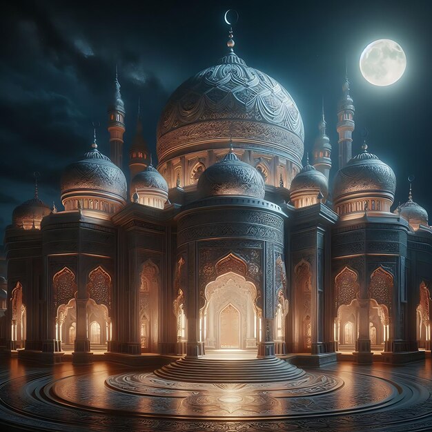 Удивительная сложная мечеть, освещенная лунным светом