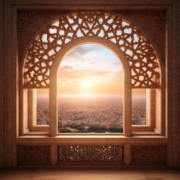 A stunning Islamic wooden window frame featuring intricate latticework