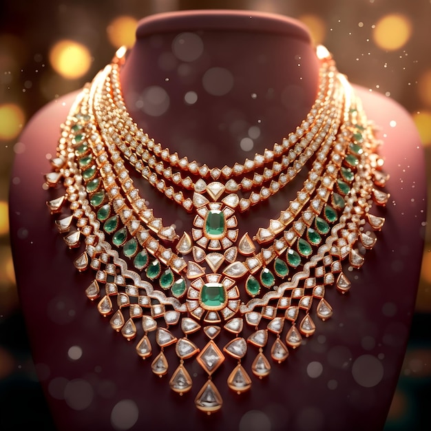 エレガントな宝石とゴールドのネックレスを特徴とする見事なジュエリー デザイン