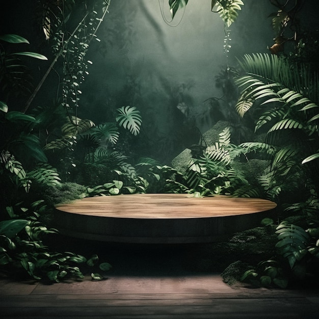 プロの製品ディスプレイに最適な、自然の背景を持つ見事なジャングルをテーマにした空のスペース