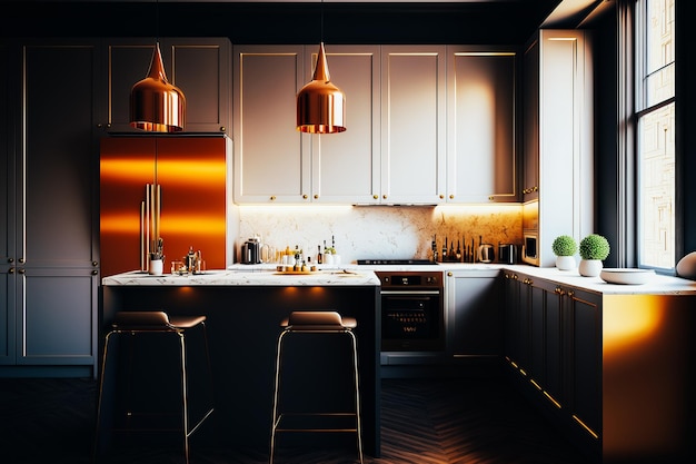 A stunning kitchen with clean lines and highend finishes bathed in the warm glow of golden hour