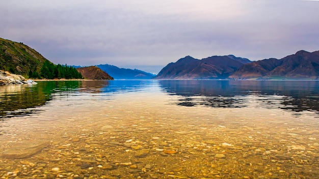 Stunning lake panorama scenery in the southern alps location