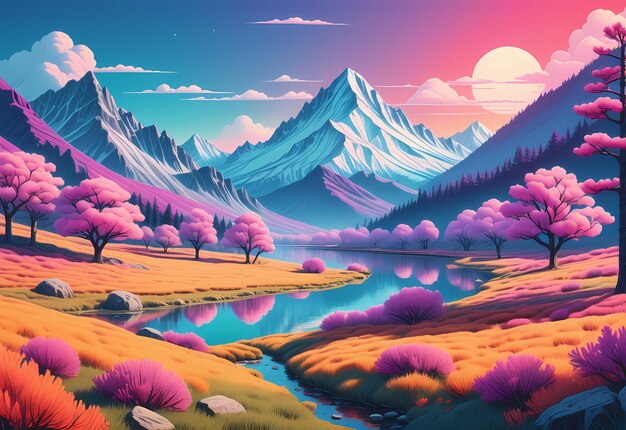 Photo a stunning landscape designed in the riso style featuring vibrant colors and abstract background