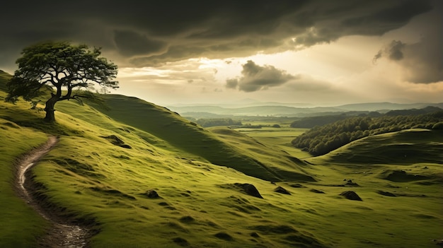 スコットランド の 丘 の 素晴らしい 景色 写真 と 柔らかい 照明