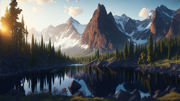 Stunning landscape river golden hour falls and mountains Generative AI