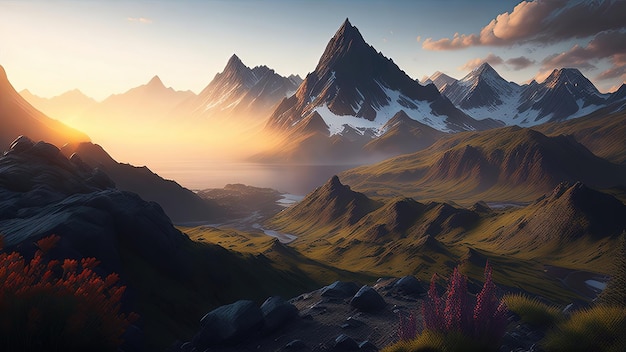 Stunning landscape river golden hour falls and mountains Generative AI