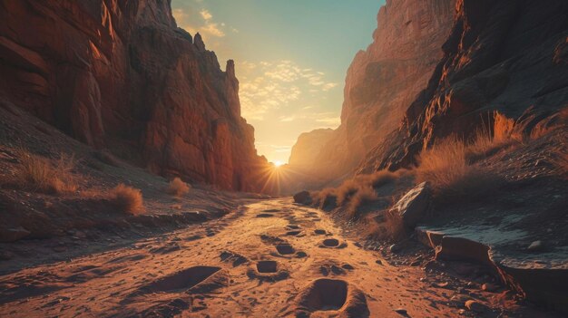A stunning landscape shot of a desert canyon with a line of fossilized dinosaur footprints leading