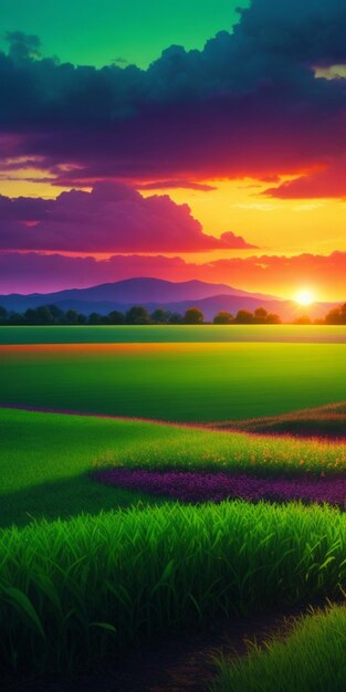 Photo a stunning landscape unfolds as the sun sets painting the sky with vibrant colors