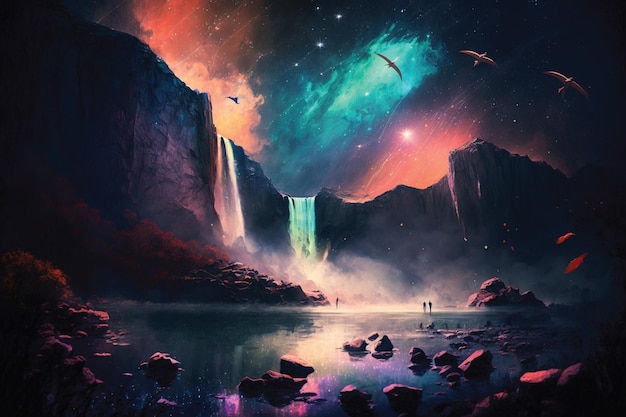 Stunning Landscape with Mist Giant Falls and Bright Nebula