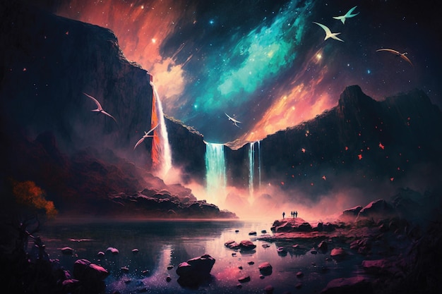 Stunning Landscape with Mist Giant Falls and Bright Nebula