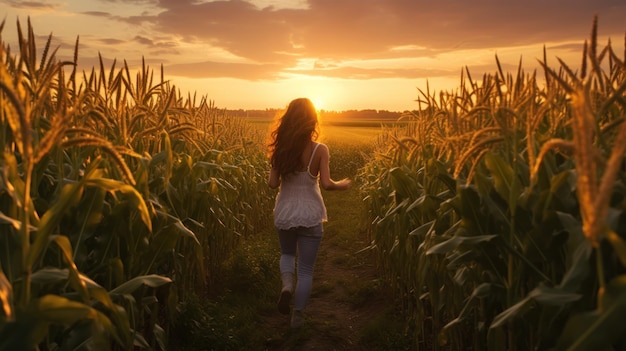 Stunning landscape woman running in a corn field at sunset