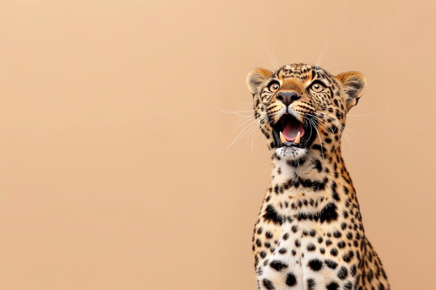 Удивительный портрет леопарда на бежевом фоне с яркими деталями, идеально подходит для образовательного контента, кампаний дикой природы или графического дизайна.